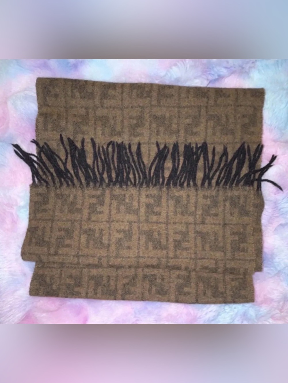 Fendi Wool Logo Fringe Brown Black Knit Rectangle Scarf